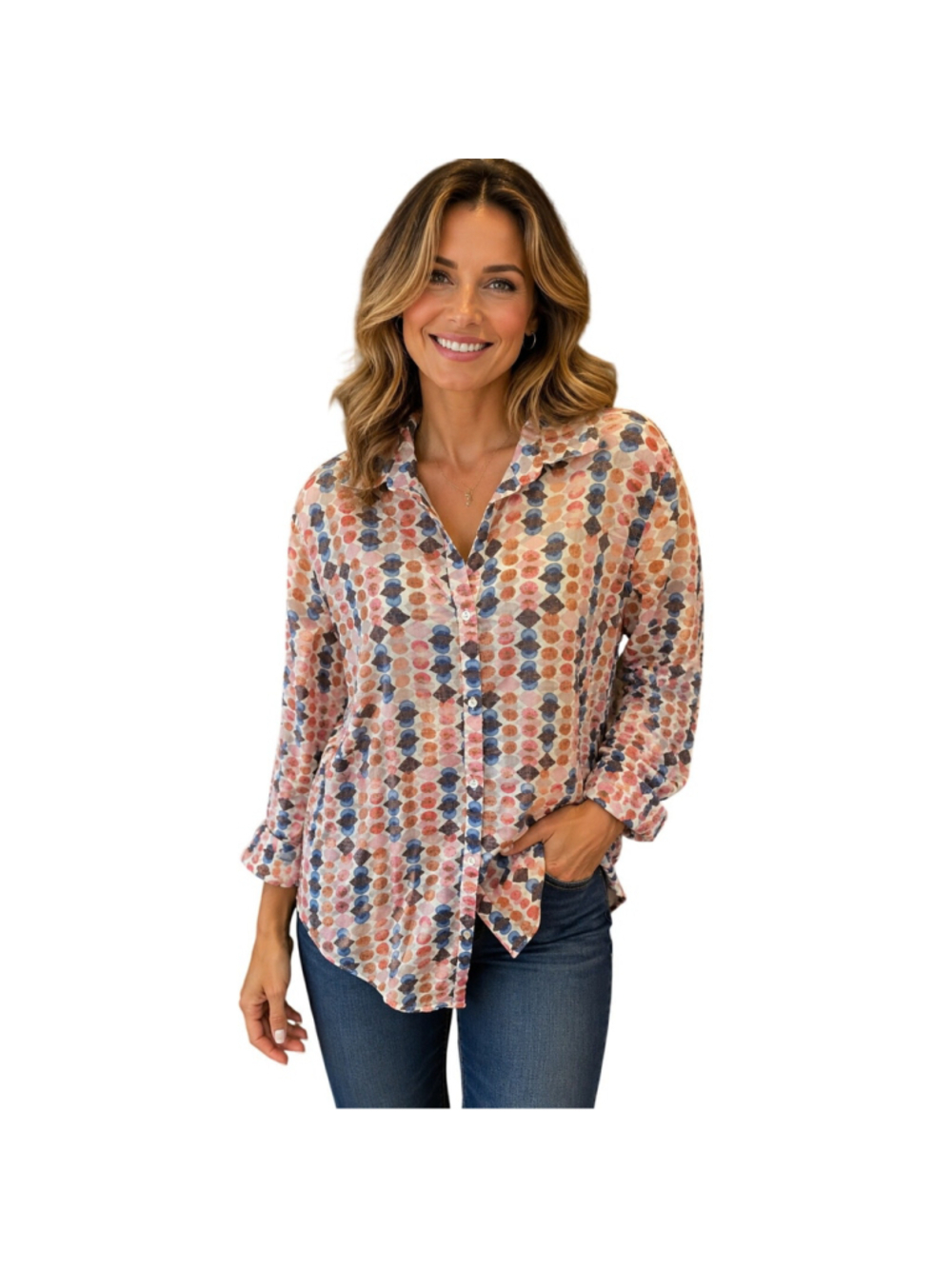 Nic+Zoe S oversized slub lightweight pink polkadot colorful Long-Sleeve top EUC